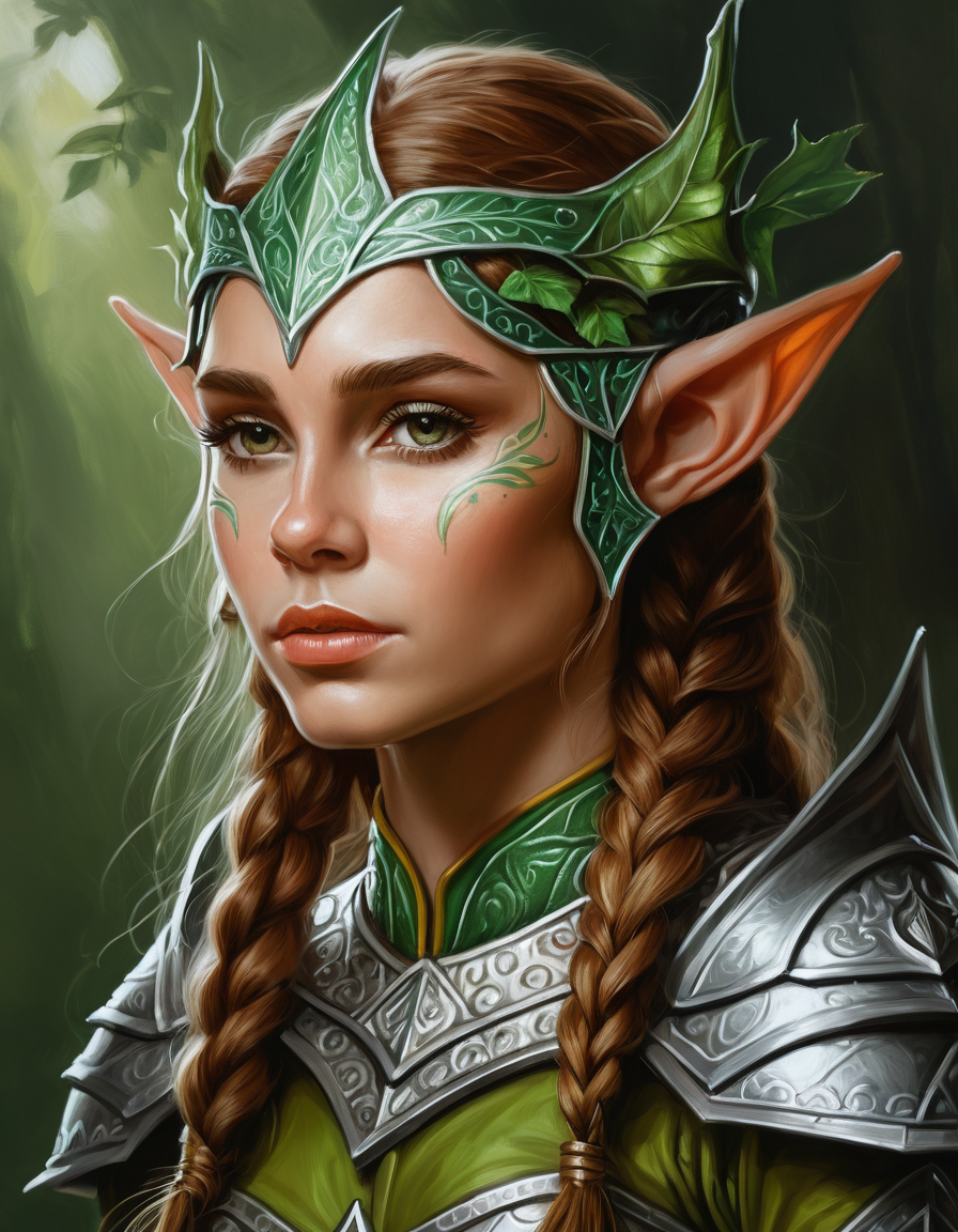 oil painting of young elf woman, perfect face, high detailed elf armor, dramatic, extremely detailed, intricate, elegant