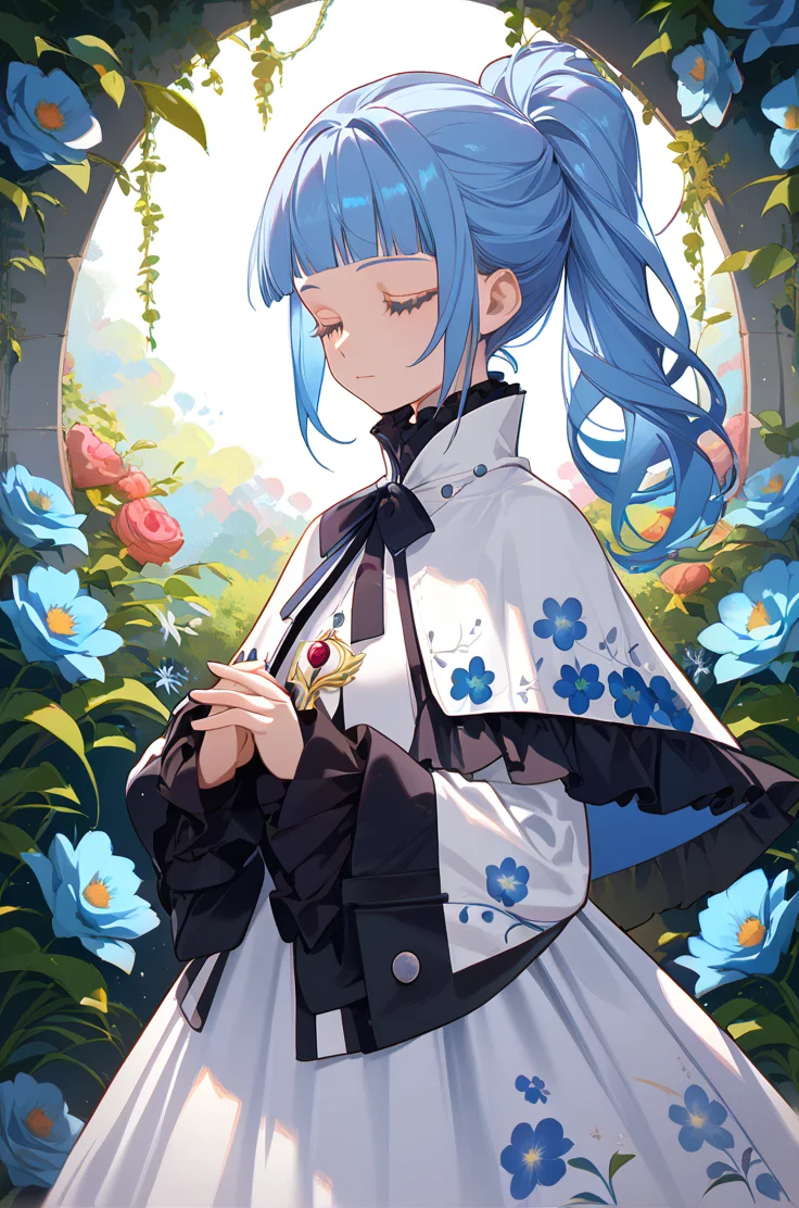 score_9, score_8_up, score_7_up, very aesthetic, source_anime, detailed,
floral background,
cowboy shot, from side, closed eyes, praying, close up, hands together,
<lora:ange_autismConfetti_v02:1>angeBase, blue hair, blunt bangs, ponytail, high ponytail, grey eyes, long hair,
long dress, white dress, sleeve cuffs, long sleeves, capelet, frills,, zPDXL