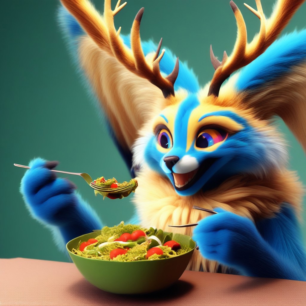 eating salad, laughing, Fecto Elfilis, blue fur, multicolored eyes, head wings, antlers, yellow fur, colored sclera, fluffy tail