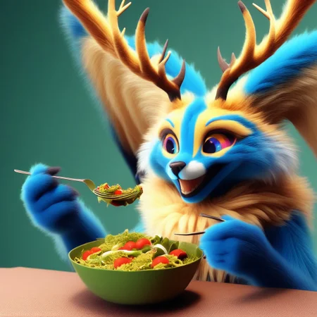 eating salad, laughing, Fecto Elfilis, blue fur, multicolored eyes, head wings, antlers, yellow fur, colored sclera, fluffy tail