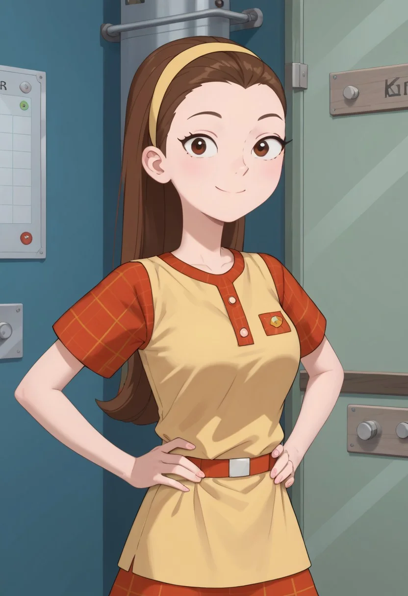 ((room background)),score_9, score_8_up, score_7_up,score_6_up,
1girl, solo, Lydia_MML, light skin, dark brown eyes, small pointed nose, brown hair, long straight hair, light yellow headband, light yellow sleeveless sweater, red plaid undershirt, red plaid skirt, red belt, white socks, light brown sneakers, average height, cute, smile, perfect eyes, perfect smile, looking at the viewer, detailed eyes, perfect eyes, standing, big breasts (front pose, waist shot) five fingers, perfect hands, (hands on waist)