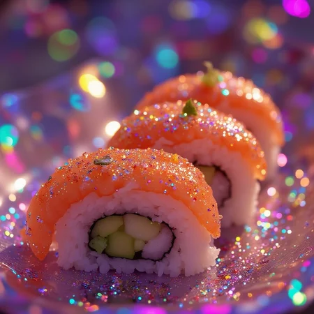 A photo of tasty sushi. surreal photo, glitter, mesmerizing, iridescent