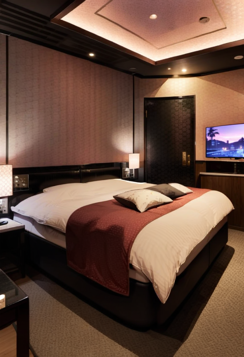 masterpiece, best quality, very aesthetic, absurdres,
lovehotel, scenery, lamp, bed, indoors, night, ceiling light, pillow, table, door, chair, couch, light, television, carpet
 <lora:Lovehotel_C_SDXL_V1:1>