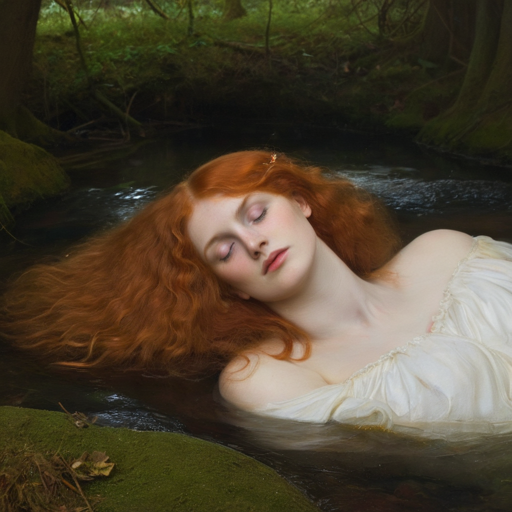 (masterpiece, best quality, highly detailed, realistic), professional portrait of preraph as ophelia lying on her back in a stream, lying underwater, supine, beautiful woodland stream, lwet ong frizzy red hair, closed eyes, facing the viewer, very close up
<lora:Pre-Raphaelite_Model_SDXL:1> preraph