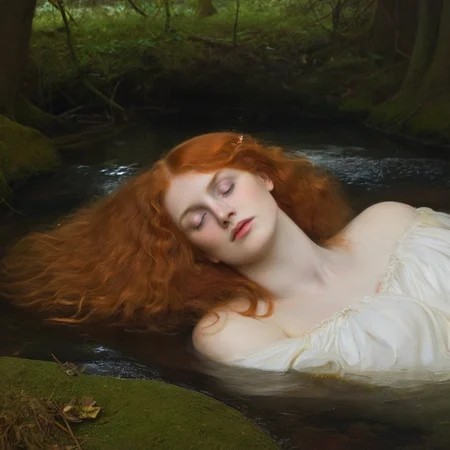 (masterpiece, best quality, highly detailed, realistic), professional portrait of preraph as ophelia lying on her back in a stream, lying underwater, supine, beautiful woodland stream, lwet ong frizzy red hair, closed eyes, facing the viewer, very close up
<lora:Pre-Raphaelite_Model_SDXL:1> preraph