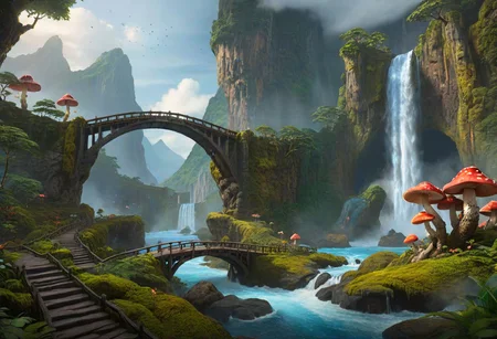 masterpiece, best quality, ultra detailed, professional light, cinematic lighting, ambient lighting, atmospheric effects, photorealistic, epic landscape, high fantasy, waterfall, mountains, cliff, one bridge, (Kintsugi style path), clouds, high trees, large trees, weird trees, colorful mushrooms, jungle.
Right side lava. Left side water.