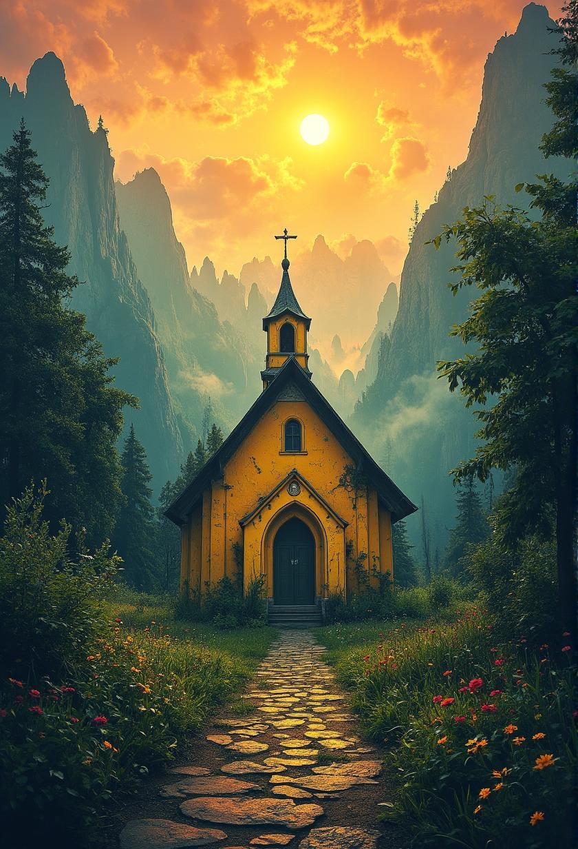 <lora:Green_cuties-000004.safetensors:1> A grainy, poorly lit image captures
A small, vibrant yellow church is situated amidst lush greenery, flanked by cobblestone path and colorful gardens. Towering mountains provide a dramatic backdrop, while an orange sky with a glowing sun adds to the mystical quality of this serene scene.