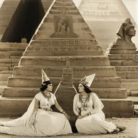 <lora:1900s_Drama_MovieSDXL:1> ArsMovieStill, movie still from a 1900s drama movie, The image shows a man and woman sitting next to each other in front of a pyramid with a sculpture in the background. The man is wearing a cap and the woman is wearing footwear., 1girl, 1boy, dress, hetero, jewelry, hat, necklace, monochrome, sitting, black hair