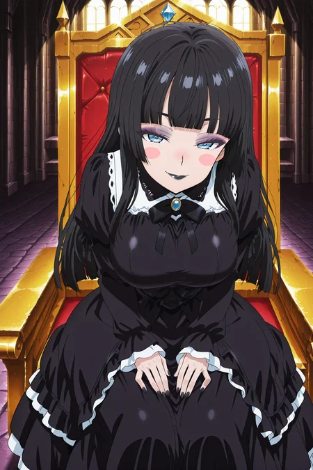 anime screencap, anime coloring, detailed face, masterpiece, best quality, very aesthetic, absurdres, volumetric lighting, official style, amazing quality, ultra detailed, highres, amazing quality, scenery, beautiful detailed hair, beautiful detailed eyes,
<lora:StS-Illustrious-Detail-Slider-v1.0:4>
inside a gothic castle, sitting on a throne,
<lora:Emi_Erokuro_MetalchromeXs_official_mascot_character_-_V2:1>
Emi Erokuro (character), 1girl, black hair, dress, solo, black lips, black nails, long hair, blue eyes, throne, sitting, makeup, black dress, looking at viewer, breasts, blush stickers, hime cut,
gothic clothing, gothic dress, eyeshadow, black lipstick, juicy lips, black fingernails,
seductive smile, looking at the viewer, leaning forward, seductive expression, hands on lap, eyelids partially closed