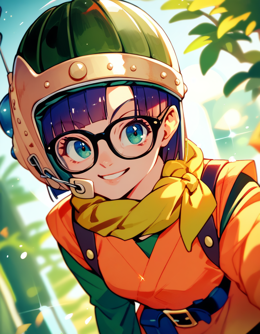 score_9, score_8_up, score_7_up, score_6_up, score_5_up, score_4_up
<lora:chrono-trigger-ponyxl-000027:1> lucca, glasses, scarf, helmet, belt, orange shirt, green sleeves, short over long sleeves, bike shorts
1girl, close-up, happy, lens flare, looking at viewer
