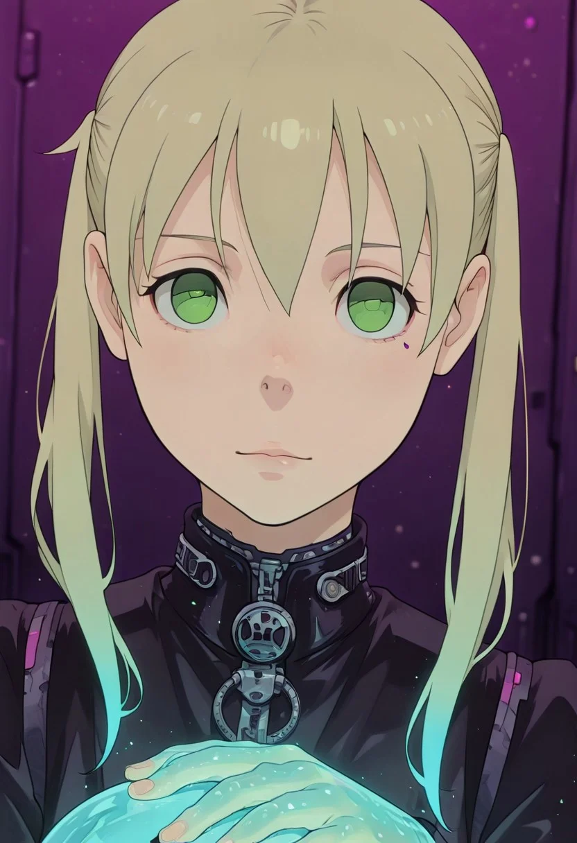 <lora:ck-shadow-circuit-IL:0.78>,
masterpiece, best quality, good quality, very aesthetic, absurdres, newest, 8K, depth of field, focused subject,1girl,maka albarn, green eyes, blonde hair, twintails, \(soul eater\), upturned eyes, 18 year old, silk blonde hair, stunning female sci-fi female angel,
dynamic angle, dutch angle, wabi sabi, holographic skin, holofoil glitter, faint, glowing, ethereal, neon hair, glowing hair, long hair, looking at viewer, relaxing, sci-fi
<lora:MoriiMee_Gothic_Niji_Style_Illustrious_r1:0.45>
<lora:ck-nc-cyberpunk-IL-000011:0.4>
<lora:ck-neon-retrowave-IL:0.8>