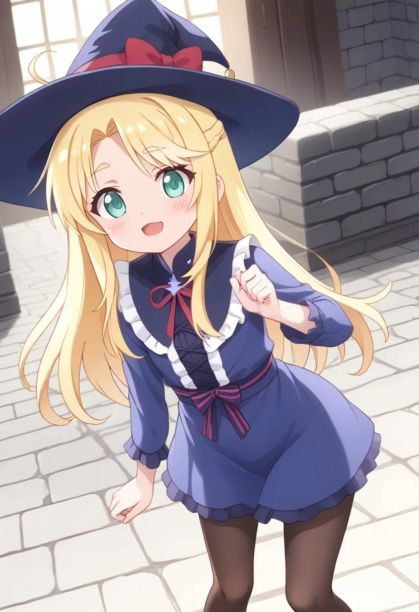 core_9, score_8_up, score_7_up,
BREAK source_anime, best quality, masterpiece, rating_safe, uncensored, High quality, 8k, Ultra detailed, insanely detailed, beautiful, prefect lighting, 1girl, 
BREAK anime coloring, ahoge,long hair,blonde hair,hair bow,bow hairband,red hairband,thick eyebrows,parted bangs,aqua eyes,:3, small body, Short stature, 
<lora:witch_Pony_V1.0:0.7> jyojifuku, witch, hat,dress, pantyhose,
BREAK (Cave, firewood, fire, water droplets, stone bed, rough floor,Cobblestone wall),
