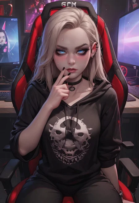 masterpiece, best quality, wallpaper, highly detailed, score_9, score_8_up, score_7_up, source_Realistic, g0thicPXL, Solo, 
BREAK.
1woman, Goth woman, Alt gamer vibes, small breast,blush, (long voluminous straight hair), (Platinum blonde hair) (((Pale skin tone))), detailed face, sexy face, glowing light, 25year old woman, youthful face, perfect body, Slender, MILF, ((dark circles under eyes)), blue eyes, open eyes,(tired face), eye roll. 
(Annoyed face),((wearing gamer headset)), Black emo hoodie, ((Black emo long sweatpants)), ((front pc gamer)),(sit on the gamer chair),open legs, fuck you finger, fuck you sign
BREAK
(night), neons lights, gamer chair, indoor, gamer room, gamer pc,