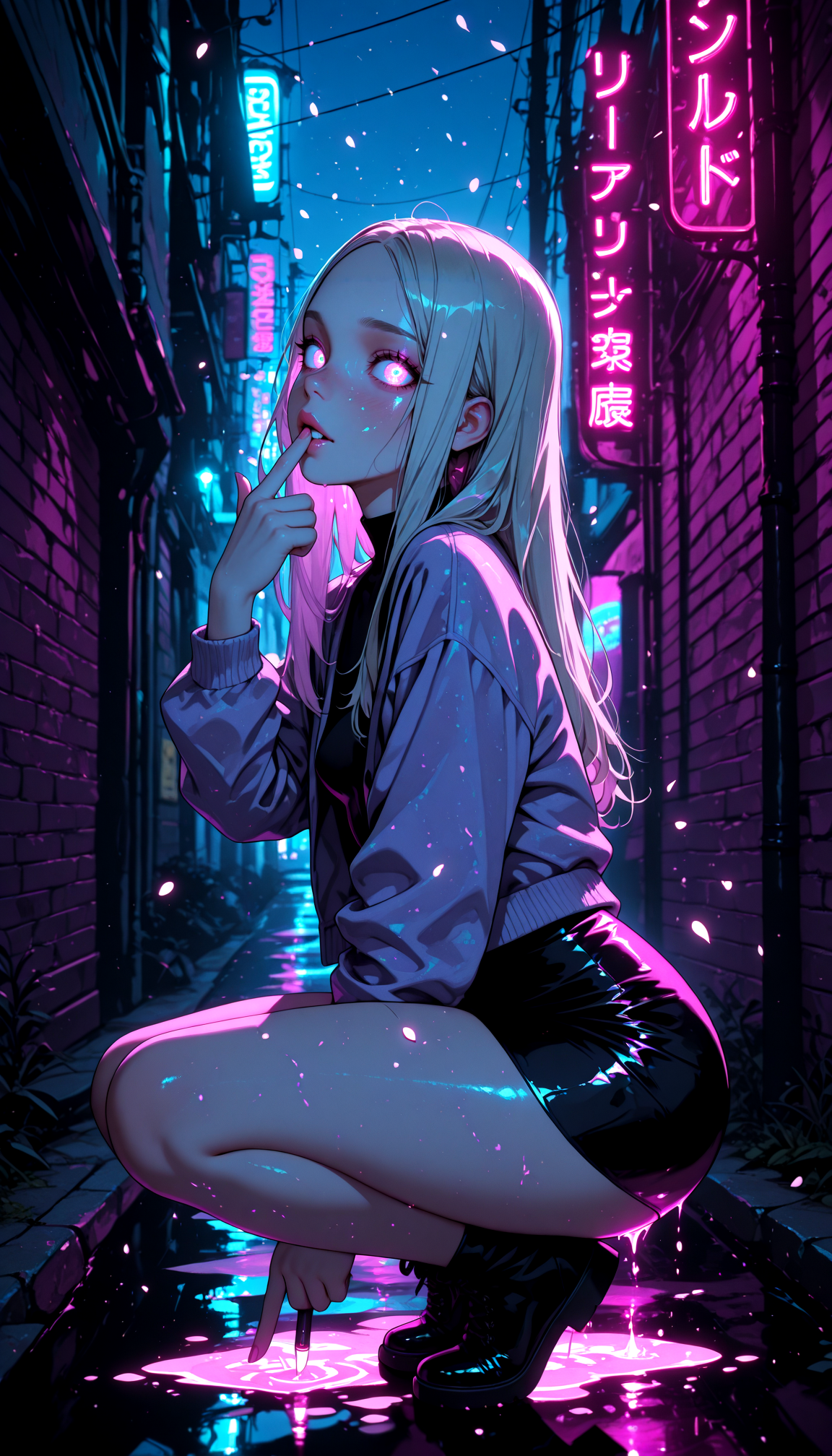 IllusP0s, NLSTN, glowing, dark, ImHigh, masterpiece, best quality, amazing quality, high-resolution, detailed skin, vibrant colors,
1girl, lipstick, makeup, nose, lips, detailed face, small breasts, thick thighs, long hair, straight hair,
wearing a lavender bomber jacket over a cyan microdress with side slits, crouching low with her pointer finger in from of her mouth, turning her head to look at the viewer, "SSSHHHH" gesture, from side, 
lavender and cyan neon lights, streetlight reflections in a puddle, glowing petals falling slowly, very aesthetic, absurdres, newest, (scenery, volumetric lighting),  <lora:Urban_Fantasy_Waifu:0.5> <lora:NLSTN:1>
