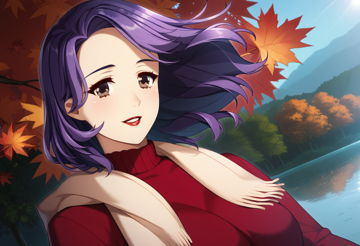score_9, score_8_up, score_7_up, BREAKYayy, 1girl, outdoors, red sweater, autumn leaves, long sleeves, day, large breasts, brown eyes, red shirt, looking at viewer, upper body, purple hair, sunlight, dutch angle, parted lips, shawl, smile, hair intakes, makeup, blush, floating hair, short hair, holding, turtleneck sweater, maple leaf, ribbed sweater,<lora:Mojet:1>