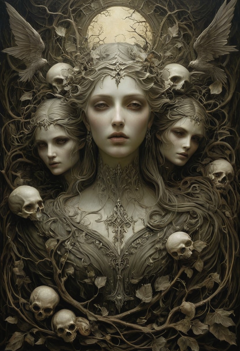 WhiteMold, 
Symbolist art, haunting beauty, rich textures, muted color palette, allegorical figures, emotional intensity, detailed realism, gothic undertones, nature symbolism, dark romanticism, classical portraiture, intricate details, melancholic atmosphere, expressive faces, layered meaning