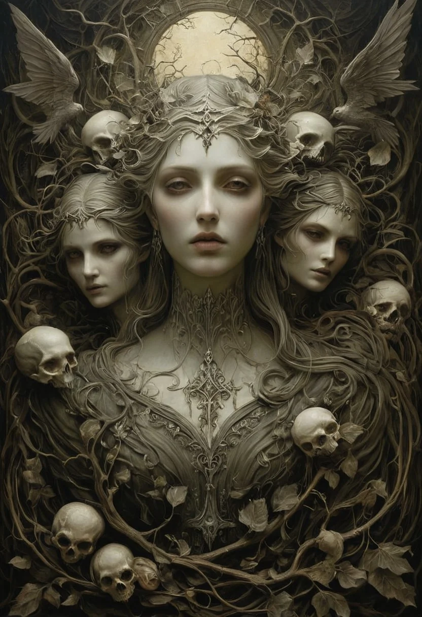 WhiteMold, 
Symbolist art, haunting beauty, rich textures, muted color palette, allegorical figures, emotional intensity, detailed realism, gothic undertones, nature symbolism, dark romanticism, classical portraiture, intricate details, melancholic atmosphere, expressive faces, layered meaning