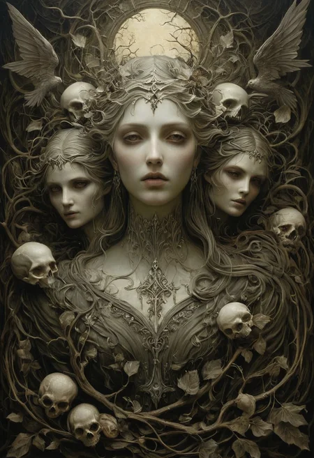 WhiteMold,
Symbolist art, haunting beauty, rich textures, muted color palette, allegorical figures, emotional intensity, detailed realism, gothic undertones, nature symbolism, dark romanticism, classical portraiture, intricate details, melancholic atmosphere, expressive faces, layered meaning