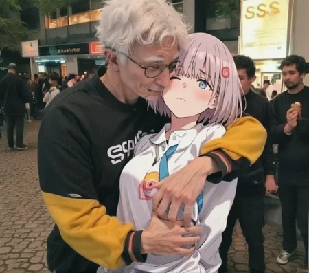 Score_9,Score_8_up,Score_7_up,,realboy and animegril,1girl,1boy,embraced by an old man,groping,public_indecency,anti \(ssss.gridman\),<lora:realboyandanimegril001_pony:0.9>