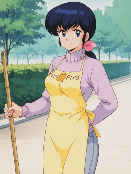 masterpiece, best quality, amazing quality, detailed background, perfect eyes, anime coloring, anime screenshot, 1980s \(style\), 1girl, solo, mature female, otonashi kyouko, black hair, long hair, low ponytail, hair bow, blue eyes, medium breasts, turtleneck sweater, long sleeves, pants, piyo piyo apron, holding broom, looking at viewer, smile, (outdoors)