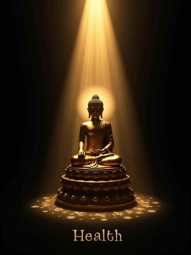 Revised Poster Design Concept: Golden Buddha Statue in Light and Shadow
Overall Style:

Dramatic Contrast: The poster will emphasize the interplay of light and darkness, showcasing the golden Buddha statue illuminated against a dark background.
Buddha Statue Design:

Pose: The Buddha will be depicted in a classic seated pose with a serene expression, embodying inner peace and wisdom.
Material Effect: The statue will have a polished, reflective gold finish that captures and amplifies light, creating a divine glow.
Background Design:

Dark Ambiance: The background will be predominantly dark—deep blacks and dark blues—to create a somber yet powerful atmosphere.
Illuminated Aura: The Buddha will be surrounded by a soft, radiant light that breaks through the darkness, casting a warm golden glow.
Light and Shadow Effects:

Directional Lighting: Focused light beams will create dramatic highlights and shadows on the statue, emphasizing its features and adding depth.
Radiant Buddha Light: The light emanating from the Buddha will create a halo effect, with rays of golden light radiating outward, illuminating the surrounding darkness.
Text:

Phrase: At the bottom of the poster, include the word: "Health".
Font Style: Use a bold, elegant font in white or soft gold that stands out against the dark background for clarity and impact.
Additional Elements:

Subtle Lotus Patterns: Incorporate faint, shadowy lotus motifs at the base of the statue or in the background, symbolizing purity and awakening.
Geometric Shadows: Add delicate, intricate geometric patterns in the shadows to enhance the artistic feel without detracting from the focal point.
Overall Effect:
This poster will convey a powerful blend of spirituality and mystery through the golden Buddha statue illuminated against a dark backdrop. The focus on the word "Health" will reinforce the themes of well-being and prosperity, while the dramatic light and shadow effects will create a captivating visual experience that invites contemplation.