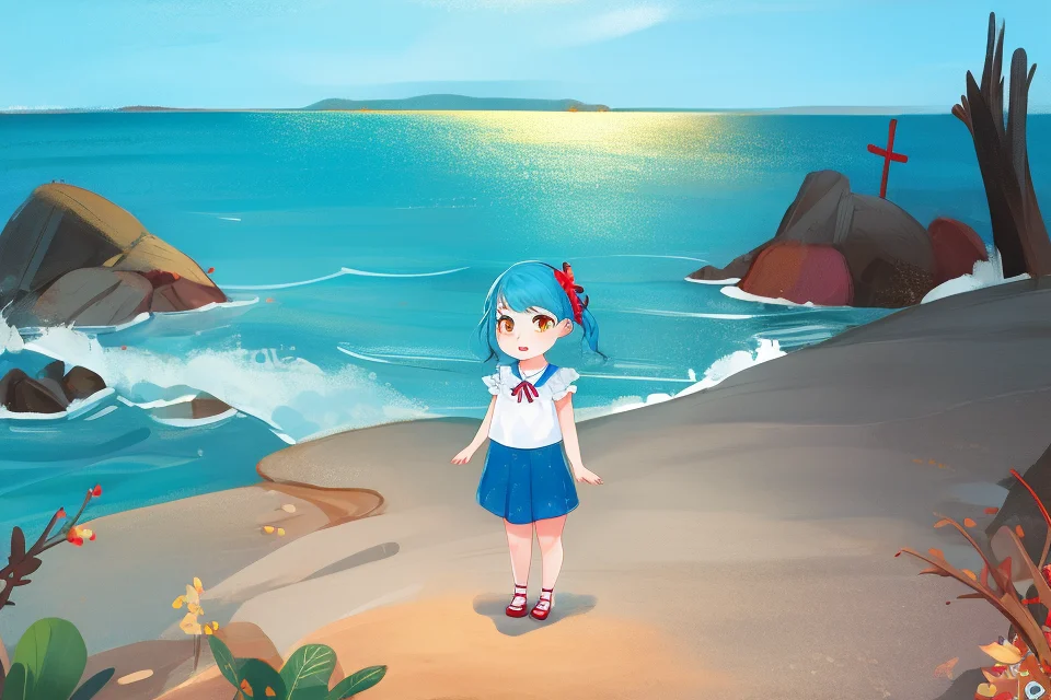 masterpiece,best quality,seaside,1girl,solo,blue hair,yellow eyes, <lora:childbookv6-000032:1:1,0,0,0,0,0,0,0,1,2,2,1,0.6,1,0.6,0.5,0.5,2,1,2,1,0,1,1,1,1>