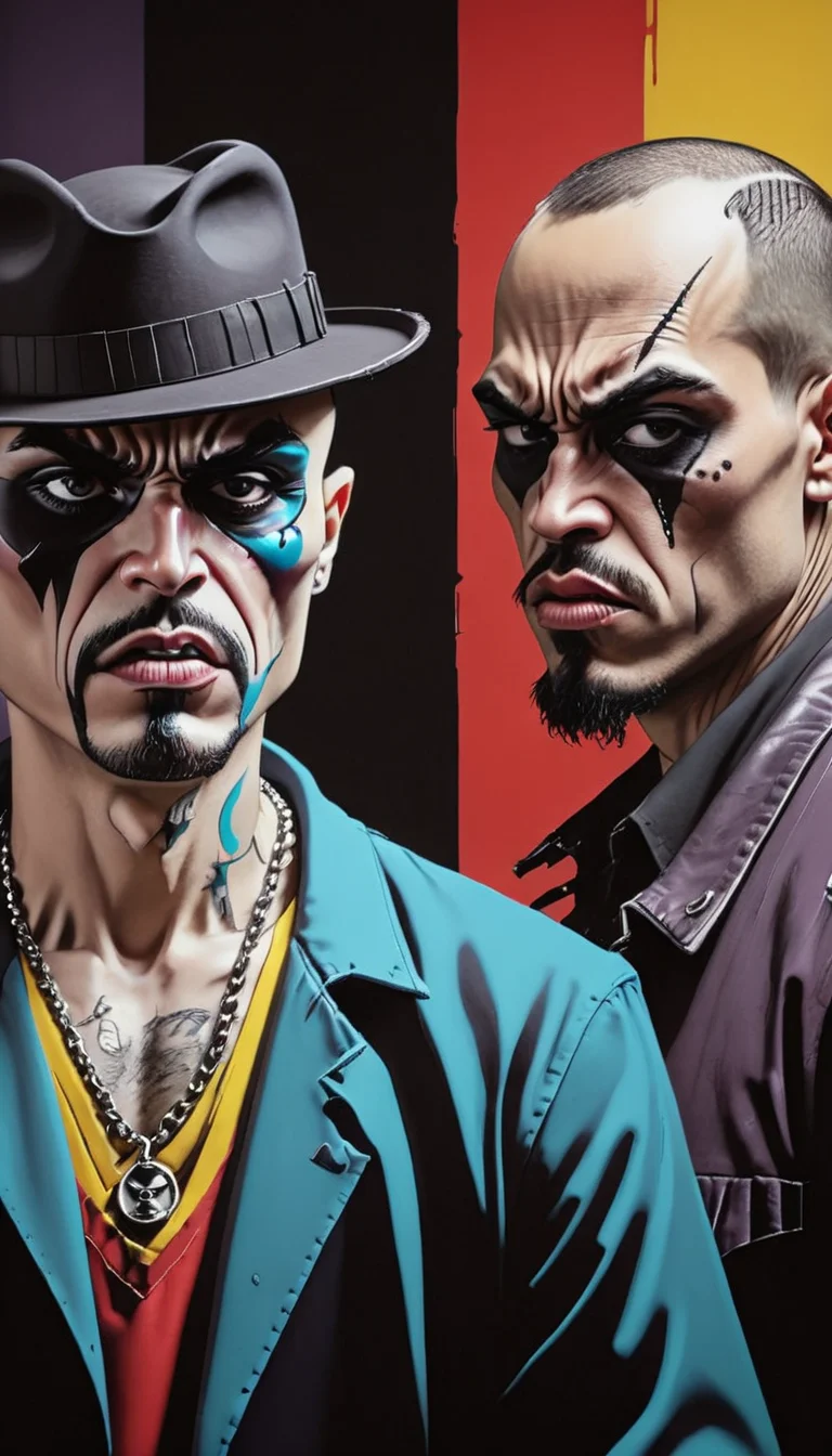 <lora:Everly Heights Comics:1> Pop Art art of a dramatic face-off between rival gangs, cinematic composition.