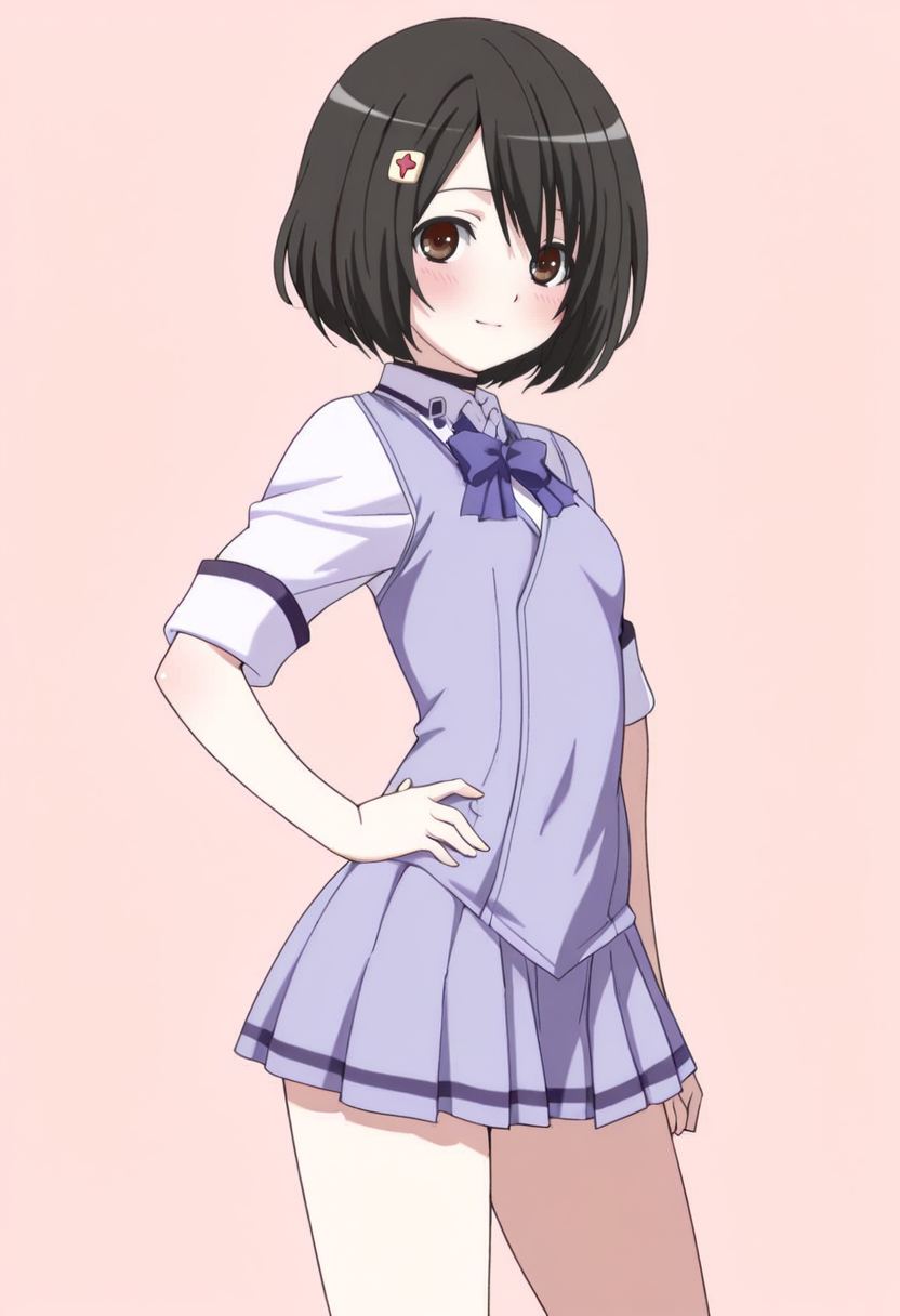masterpiece, best quality,
1girl, solo, cowboy shot,
standing, hand on own hips,
looking at viewer, blush, light smile,
<lora:Fumika_Mitarai:1> F0m1k4M1t4r41, black hair, short hair, hair ornament, brown eyes, 
school uniform, skirt, choker, pleated skirt, short sleeves,
pink background, simple background,