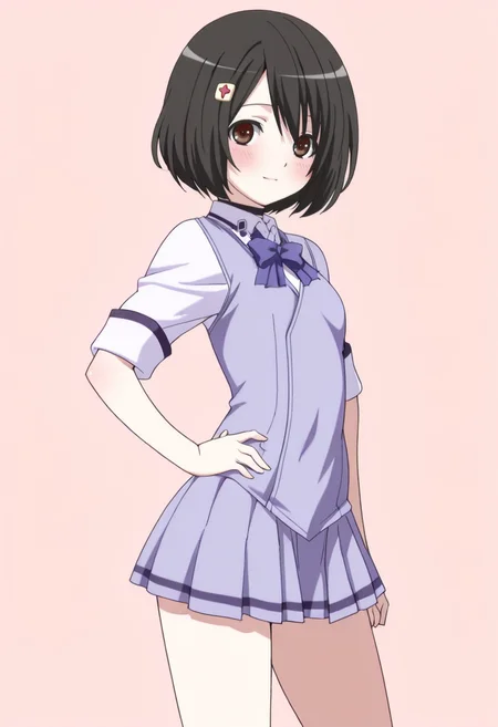 masterpiece, best quality,
1girl, solo, cowboy shot,
standing, hand on own hips,
looking at viewer, blush, light smile,
<lora:Fumika_Mitarai:1> F0m1k4M1t4r41, black hair, short hair, hair ornament, brown eyes, 
school uniform, skirt, choker, pleated skirt, short sleeves,
pink background, simple background,