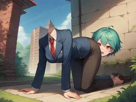 score_9,score_8_up,score_7_up,score_6_up,score_5_up,score_4_up, source_anime BREAK disembodied_head, + head with red eyes glowing cyan hair, formal suit, all fours, outdoors <lora:sdxlpony_disembodiedhead-t1-000006:1.2>