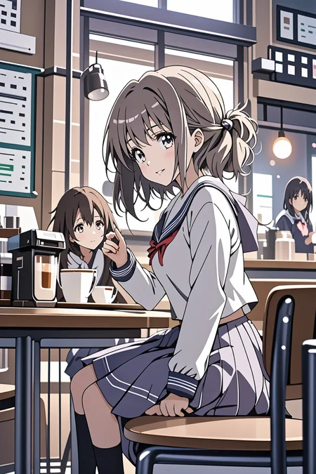 2 girls at coffee shop , sitting, school uniform, joyful talking, (anime) <lora:LCM_LoRA_Weights_SD15:1>
