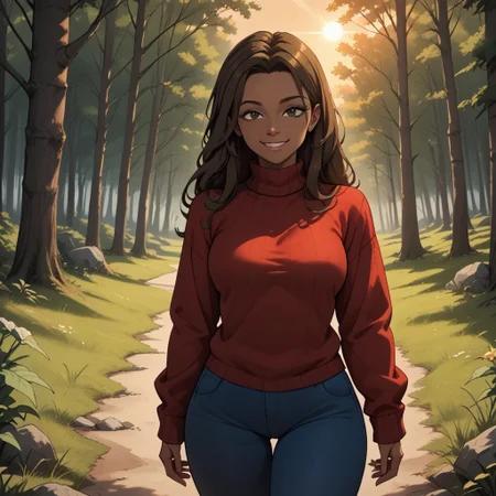 score_9, score_8, BREAK, brown hair, black eyes, red sweater, turtleneck, blue pants, sneakers, breasts, Gabby_(Disventure_Camp), dark skin, dark skin female, sexy pose, self portrait, smile, outdoors, sunlight, shadows, evening lighting, natural lighting, forest, trees, grass, orange sky, sunset