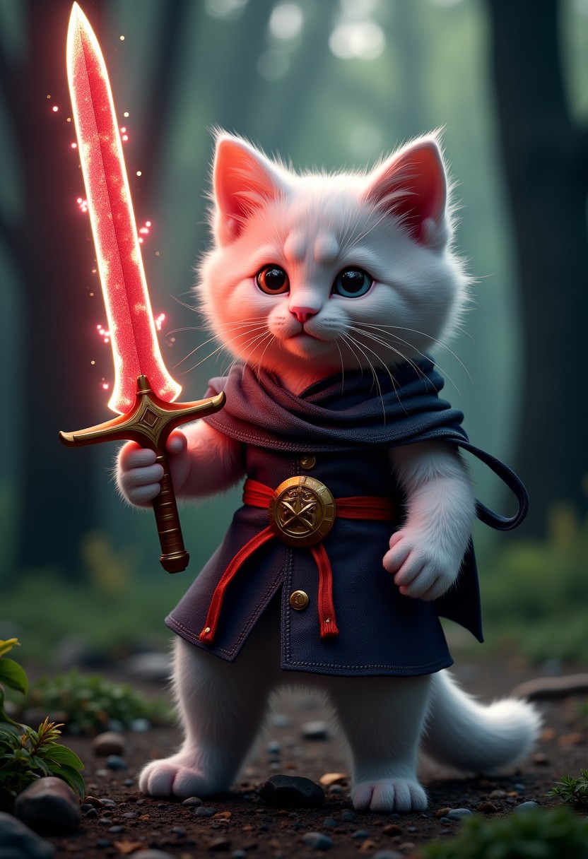 photorealistic,. a realistic human-like fluffy kitten holding a legendary sword. the sword is bright and colorful, emits powerful aura ,surrounded dark forest. very detailed, amazing quality, intricate, cinematic light, highly detail, beautiful, cinematic lighting, A dog as his horse ,rare plants, 3d cg, 8k,wearing a fantasy hero attire, in dynamic sword pose