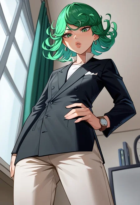 score_9, score_8_up, score_7_up, source_anime, hi res, masterpiece, best quality, highres, double-breasted suits, 1girl, solo, green hair, formal, jewelry, suit, necktie, earrings, pants, jacket, shirt, standing, hand in pocket, short hair, window, green eyes, watch, black jacket, wristwatch, white shirt, lips, tatsumaki, from below