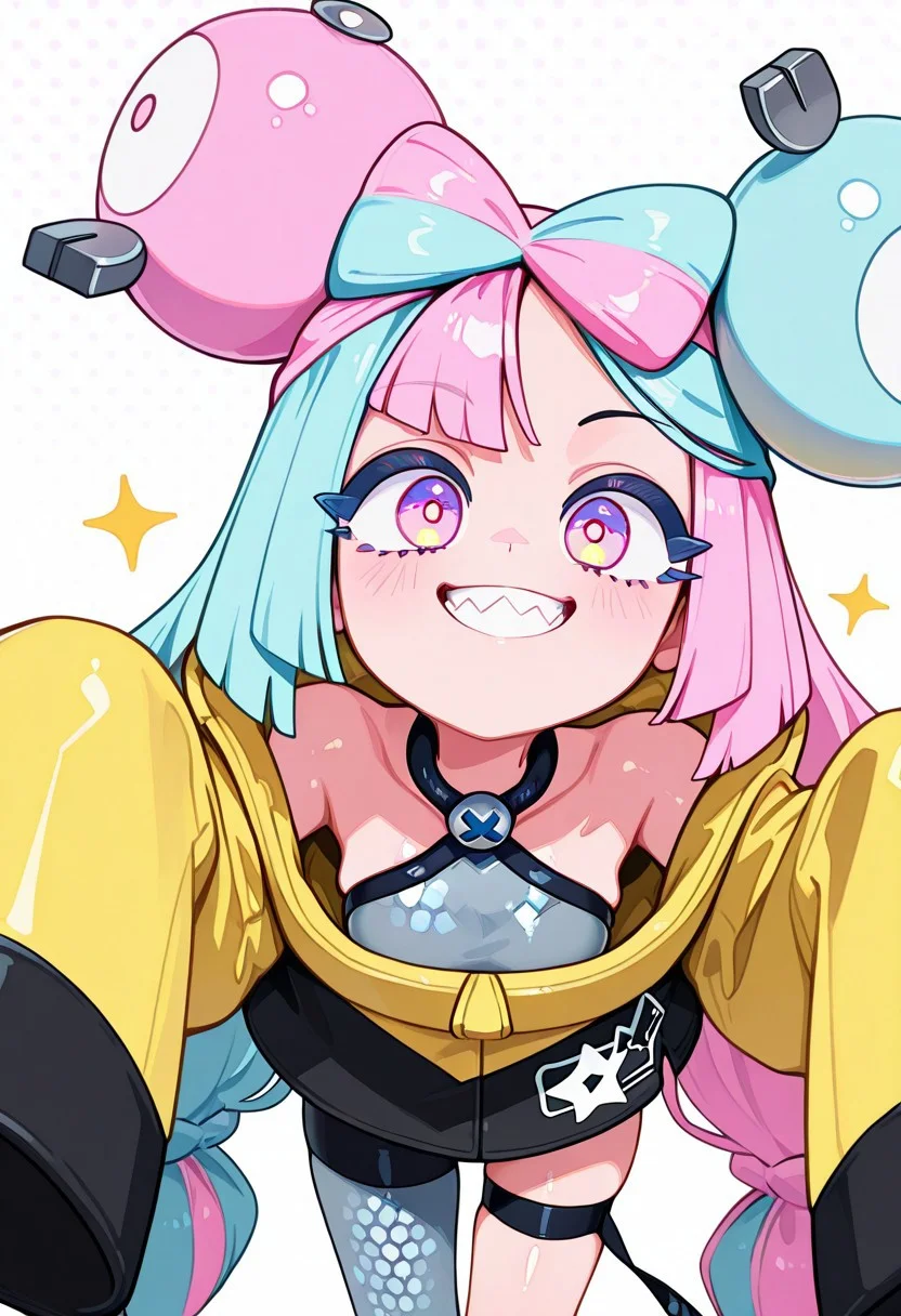 zzIono, solo, 1girl, long hair, pink eyes, blue hair, pink hair, light blue hair, multicolored hair, bow-shaped hair, yellow jacket, sleeves past fingers, single leg pantyhose, thigh strap, smile, sharp teeth, looking at viewer, masterpiece, best quality, amazing quality, very aesthetic, newest, highres, absurdres, halftone, perfect body, shiny skin, perfect eyes, detail1eye, well-defined fingers, well-defined fingernails,