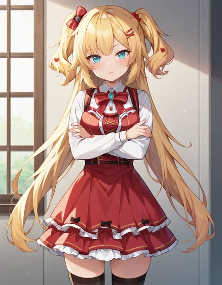 score_9, score_8_up, score_7_up, score_6_up, score_5_up, score_4_up, source_anime, anime screencap,  BREAK 1girl, solo, cowboy shot, crossed arms,
<lora:Akai_Haato_Pony:1> chamared, long hair, blonde hair, blue eyes, twintails, hair ornament, jewelry, red dress, layered dress,  white shirt, white sleeves, frills, hair bow, hairclip, thighhighs,