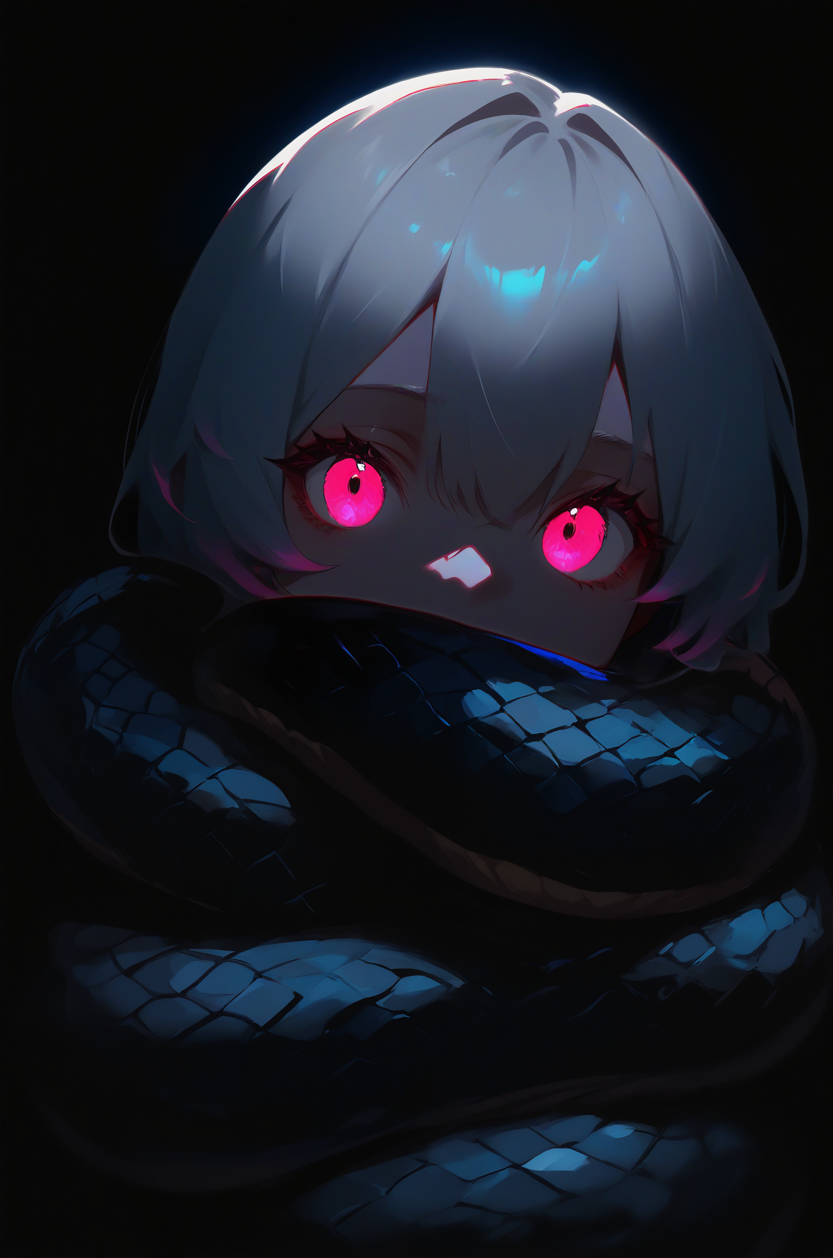 1girl, general, hugging snake, upper body, pink eyes, black background dark, eye reflection, looking at viewer, colored eyelashes, glowing, black scales, snake, shiny, reflective, glowing skin, dark, white hair, horror \(theme\), (shadow:1.5), (colored tips:1.3), glowing tips, masterpiece, best quality, very awa, newest, absurdres, highres, <lora:ponyv5_noobV065S_1_adamW-000013:1.00>