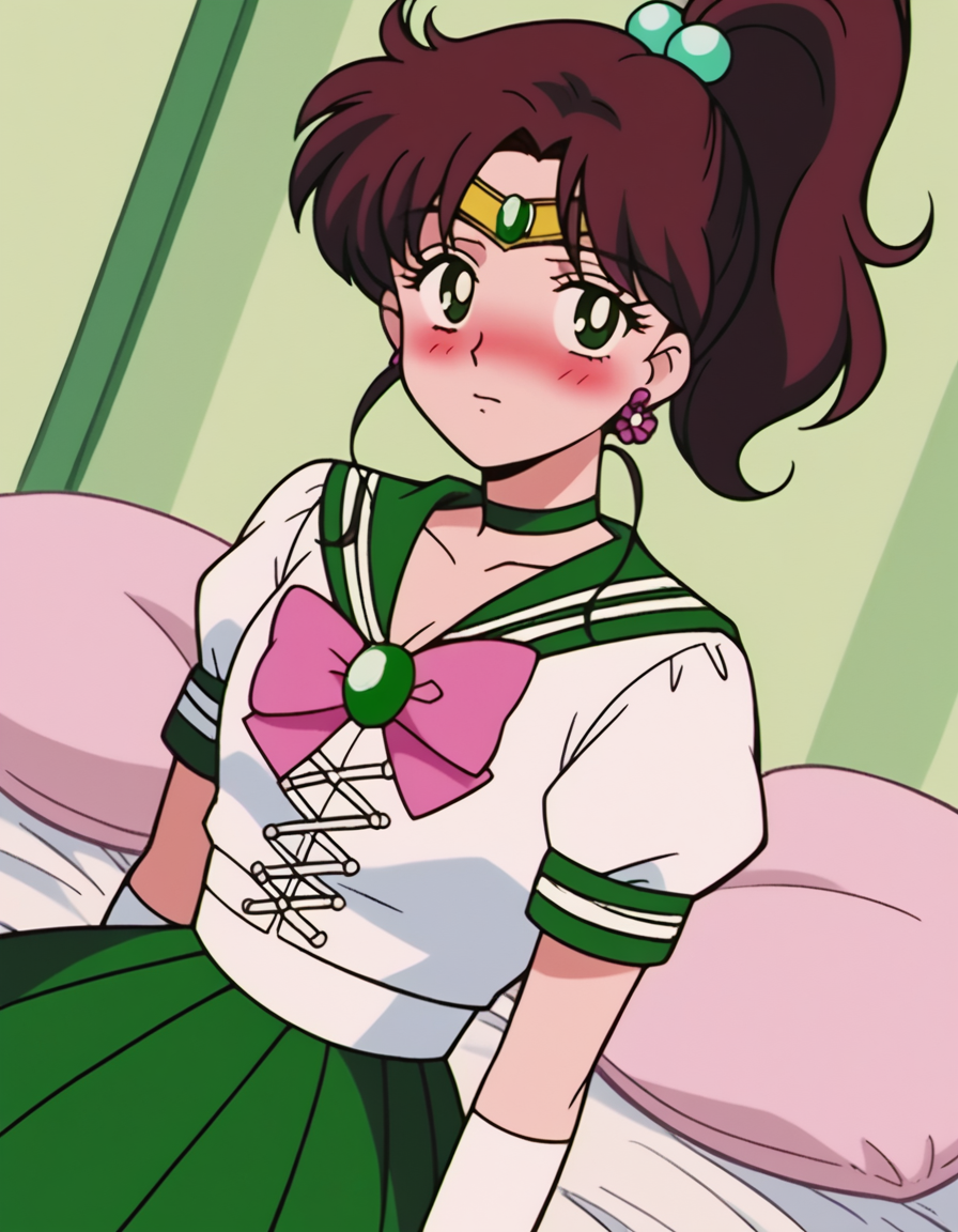 score_9, score_8_up, score_7_up, source_anime, <lora:makoto-kino-s3-ponyxl-lora-nochekaiser:1>, makoto kino, brown hair, circlet, green eyes, hair bobbles, hair ornament, medium hair, ponytail, sidelocks, parted bangs,, back bow, bow, bowtie, brooch, choker, earrings, elbow gloves, flower earrings, gem, gloves, green choker, green gemstone, green sailor collar, green skirt, jewelry, miniskirt, pink bow, pink bowtie, pleated skirt, sailor collar, shirt, short sleeves, sidelocks, skirt, white gloves, white shirt,, indoors, bed, bed room, on side, blush, drunk, looking at viewer, solo,, cowboy shot, dutch angle