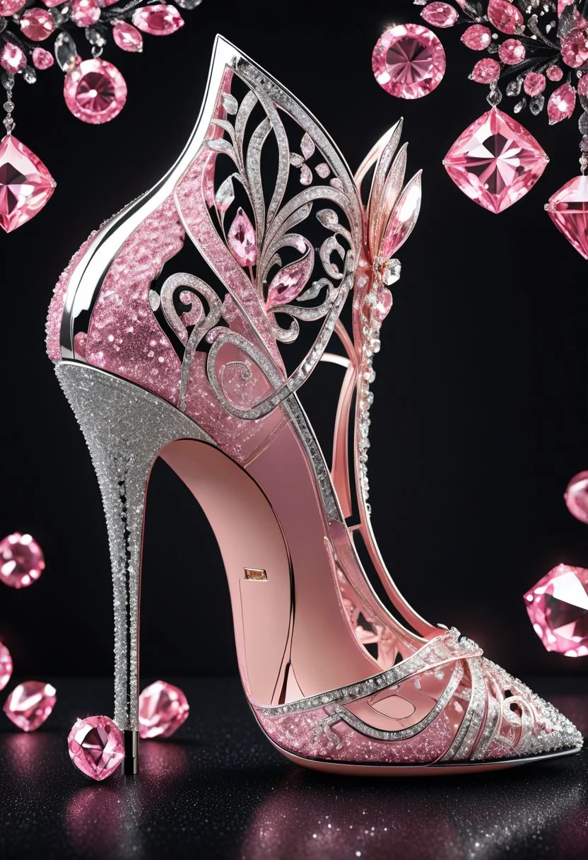 (best quality, 8K, high resolution, masterpiece), ultra detailed, (3D CGI), a beautiful women's heeled shoe, trendy and fashionable, adorned with glitter and diamonds, stylized pink, silver and black, on a black background, advertising campaign, winning photo,