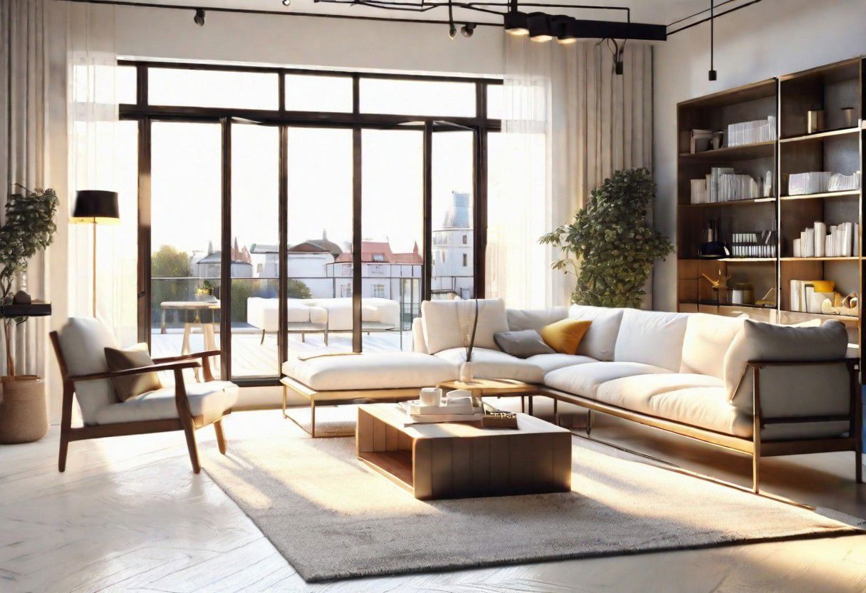 ((front view)), Shallow scene, ((animation style)), modern-style interior, with white walls, (large windows), Nordic-style furniture, a  study, Sofa, coffee table, bookcase, single wall, 
warm light morning sun, (the view of the city)