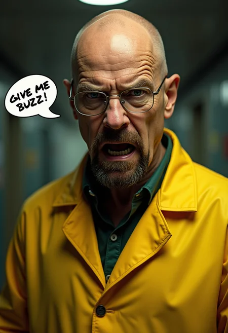 breaking bad walter white looking at the viewer in ANGER , a speech bubble coming out of his mouth saying "GIVE ME MY BUZZ", accurate tv show depiction, breaking bad, 100% accurate, wearing the yellow lab coat, chromatic aberration, film grain