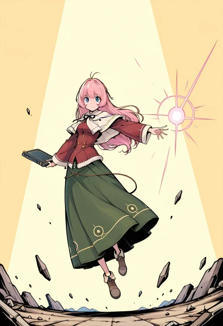 masterpiece, best quality, anime style, flat color, cel shading, solid colors, minimal shading, illustration, 2d style, simple background, thick lines, high contrast, 
1girl, solo, ameli inotia 3, pink hair, looking at viewer, red shirt, fur trim, capelet, white capelet, long skirt, layered skit, green skirt, brown footwear, shoes,
holding spell book, midair, spellcasting, dynamic pose, energy burst, crumbling ground, cinematic lighting, distant mountains, debris, from below, backlighting,
 <lora:Character_Ameli-000015:0.85>