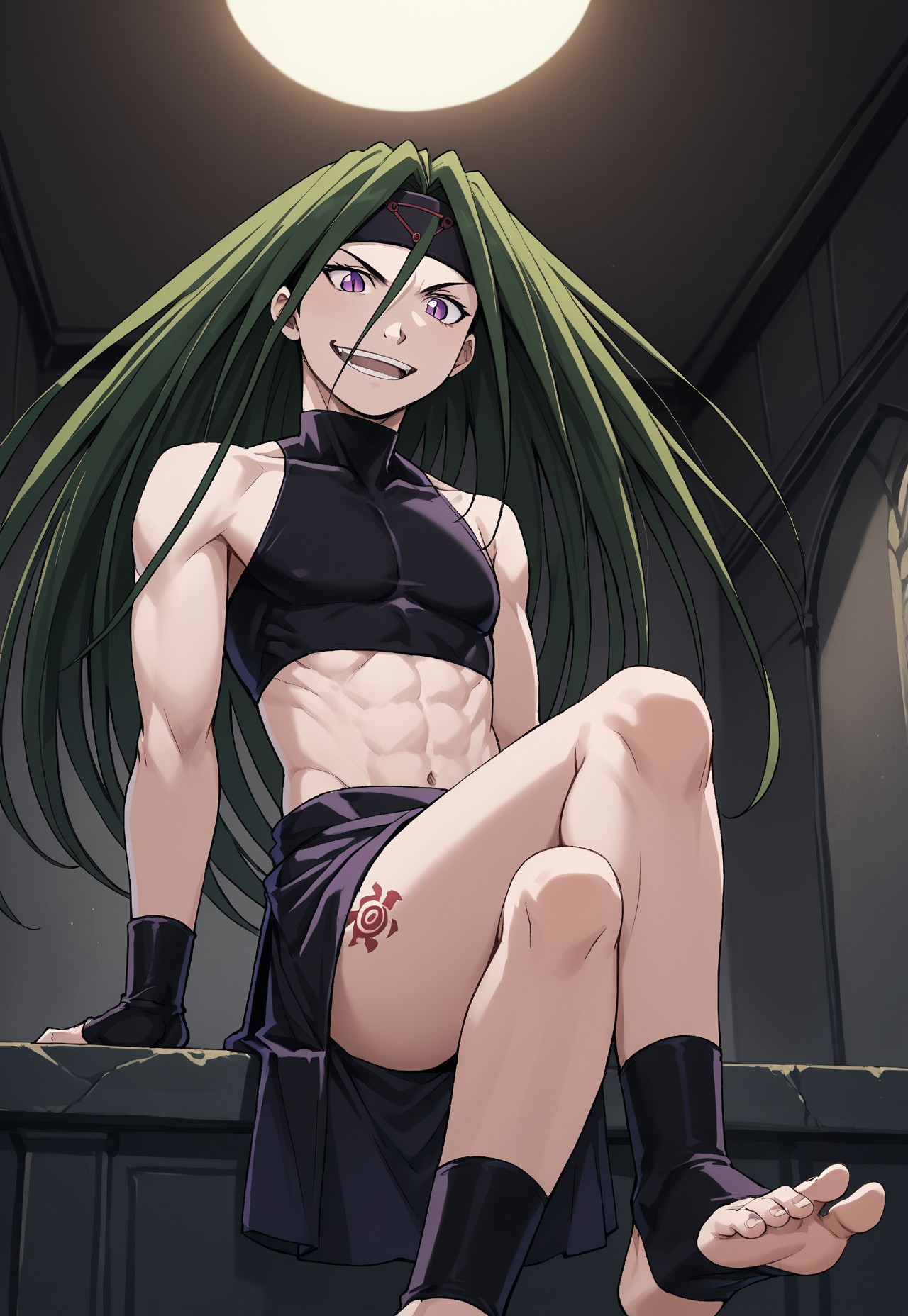 safe_pos, score_9, score_8_up, score_7_up, masterpiece, best quality, FMA_Envy, 1boy, male, solo, skinny, slim body type, long hair, green hair, purple eyes, (((slit pupils))), headband, crop top, bare shoulders, midriff, gloves, fingerless gloves, skirt, side slit, bike shorts under skirt, bike shorts, toeless legwear, leg tattoo, crossed legs, evil laugh, perspective