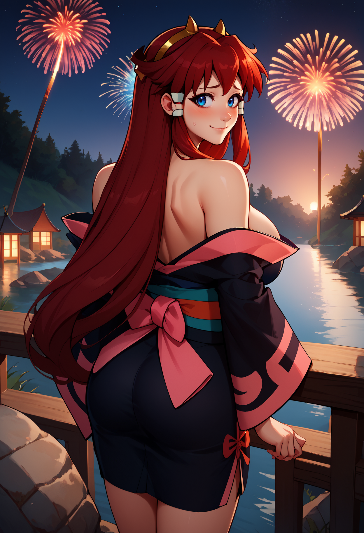 score_9, score_8_up, score_7_up, 1girl, solo, ditlieb, blue eyes, long hair, sidelocks, hair tubes, red hair, large breasts, hairband, horns, <lora:DitaLiebelyPDXL_V1-Manityro-CAME:1.0>,
black kimono, off-shoulder kimono,
looking at viewer, looking back, light smile, blush, nervous, cowboy shot, rear view, 
outdoors, night, dark, fireworks, river,