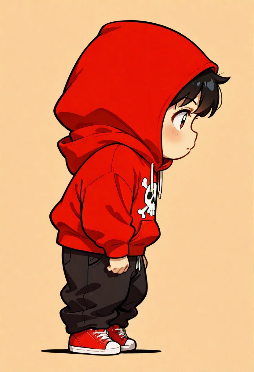 high contrast, masterpiece, best quality, amazing quality, very aesthetic, promotional art, newest, volumetric lighting, hyper detailed.
chibi, 1boy, child, profile, solo, full body, stand up, arms at sides, neutral expression, side view, red hoodies, Jolly Roger, loose pants, black pants, red sneakers, black pant, luminescent background, simple background.