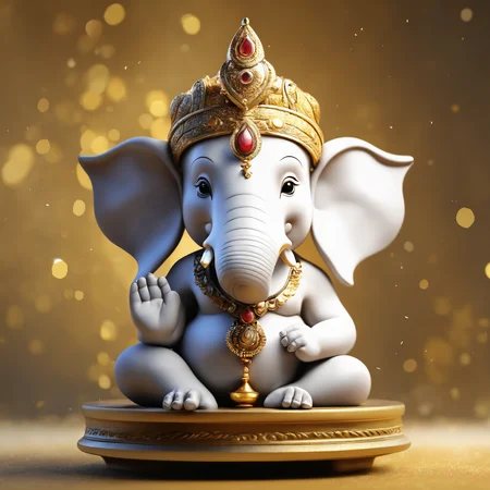 a white cute little bal ganesha with a crown on its head , sitting on a pedestal with a gold background, Ella Guru, cgstudio, a digital painting, fantasy art