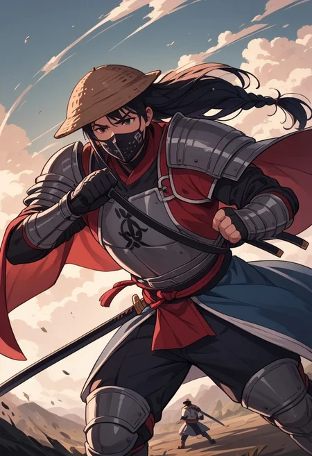 score_9, score_8_up, score_7_up, strawhat, conical hat, 1boy, a heavily armored samurai with shoulder armor and a straw hat, holding a giant katana sword in both hands, ready to fight, asian, long hair, low braid, roninwarriors, samurai facemask, (monolid:1.3),