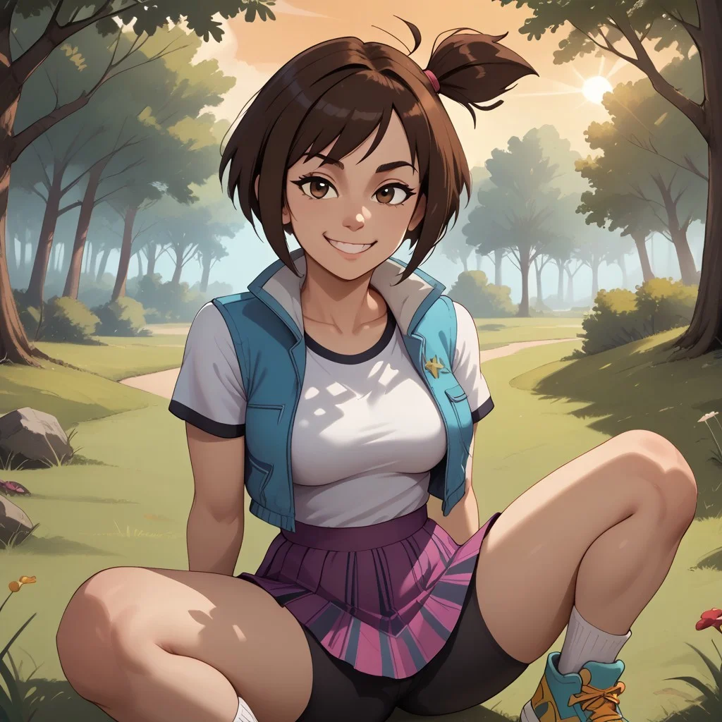 score_9, score_8, BREAK, <Lora:Molly_McGee:1.0> Molly, Tan Skin, (Dark Brown Hair), Short Hair, Side Ponytail Hair, Swetp Bangs, Dark Brown Eyes, bracelet, blue jacket, short sleeves, sleeveless jacket, (white sleeves:1.2), white t-shirt with black hems, purple striped skirt, black bike shorts, white socks, pink and yellow sneakers, adult female, mature female, breasts, sexy pose, self portrait, smile, outdoors, sunlight, shadows, evening lighting, natural lighting, forest, trees, grass, orange sky, sunset