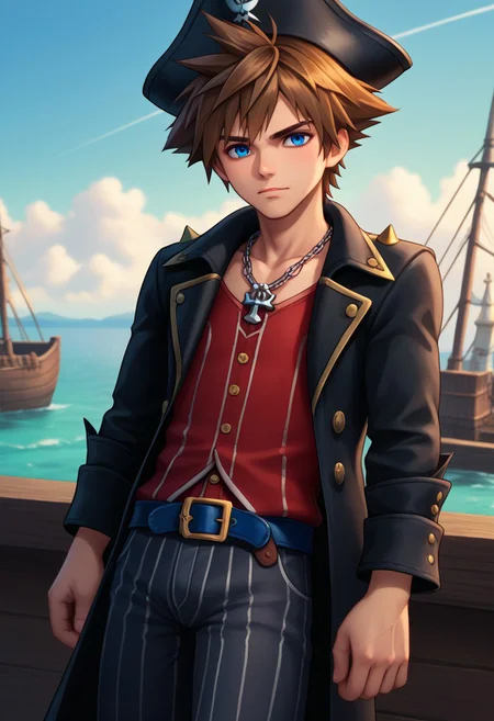 score_9, score_7_up, source_anime
sora, 1boy, male focus, solo, blue eyes, brown hair, spiked hair, pirate costume, hat, pirate hat, black headwear, jewelry, necklace, shirt, red shirt, coat, black coat, open coat, open clothes, long sleeves, shirt, red shirt, buttons, belt, pants, striped pants, striped, vertical stripes,
outdoor, docks, ships, medieval,