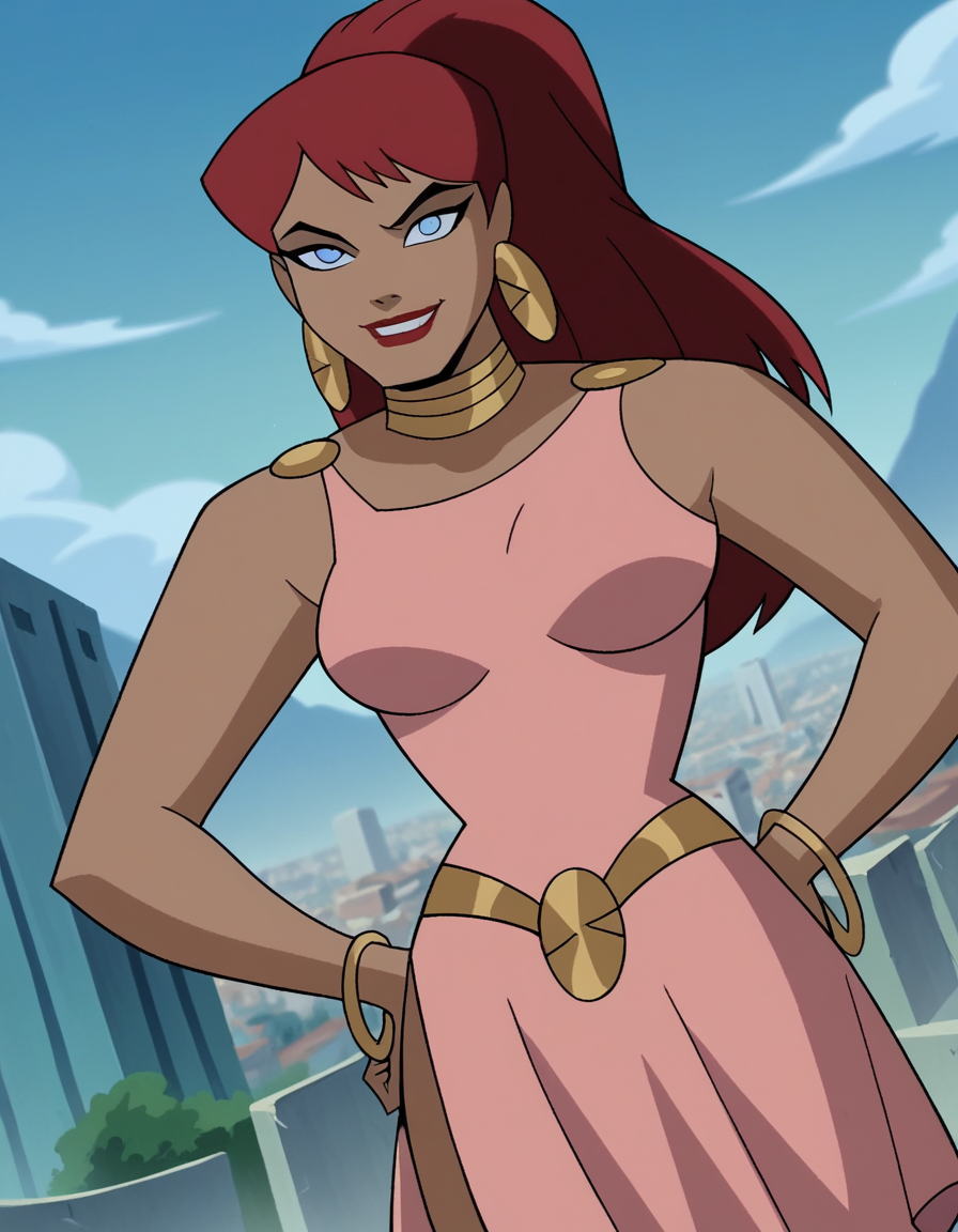 score_9, score_8_up, score_7_up, source_anime,
giganta, <lora:giganta-dcau-ponyxl-lora-nochekaiser:1>,
giganta, blue eyes, red hair, dark skin, dark-skinned female, makeup, lipstick, ponytail,
dress, jewelry, earrings, bracelet, pink dress,
outdoors, cityscape, hands on hips, smile,
looking at viewer, solo, dutch angle, cowboy shot,